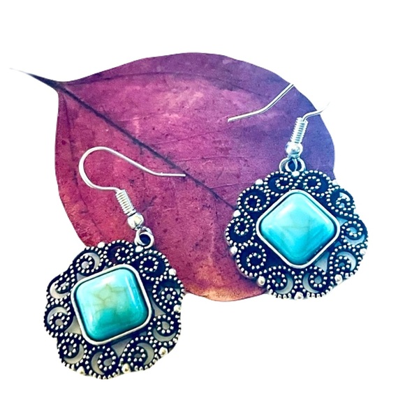 Artisan Jewelry - New Handmade Blue Natural Larimar Victorian Tibeten Silver Dangle Earrings